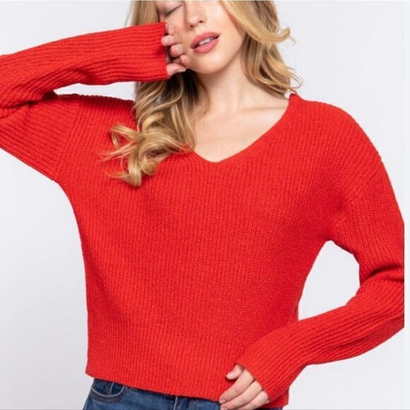 Nwt H&M Red DOLMAN SLEEVE Semi- Cropped V-neck Sweater S - Picture 1 of 11